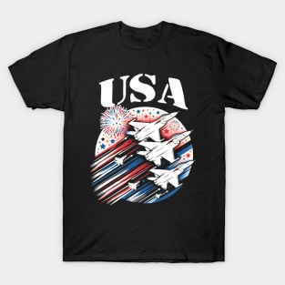 Patriotic 4th of July USA Flag Fighter Jets Planes Fireworks T-Shirt